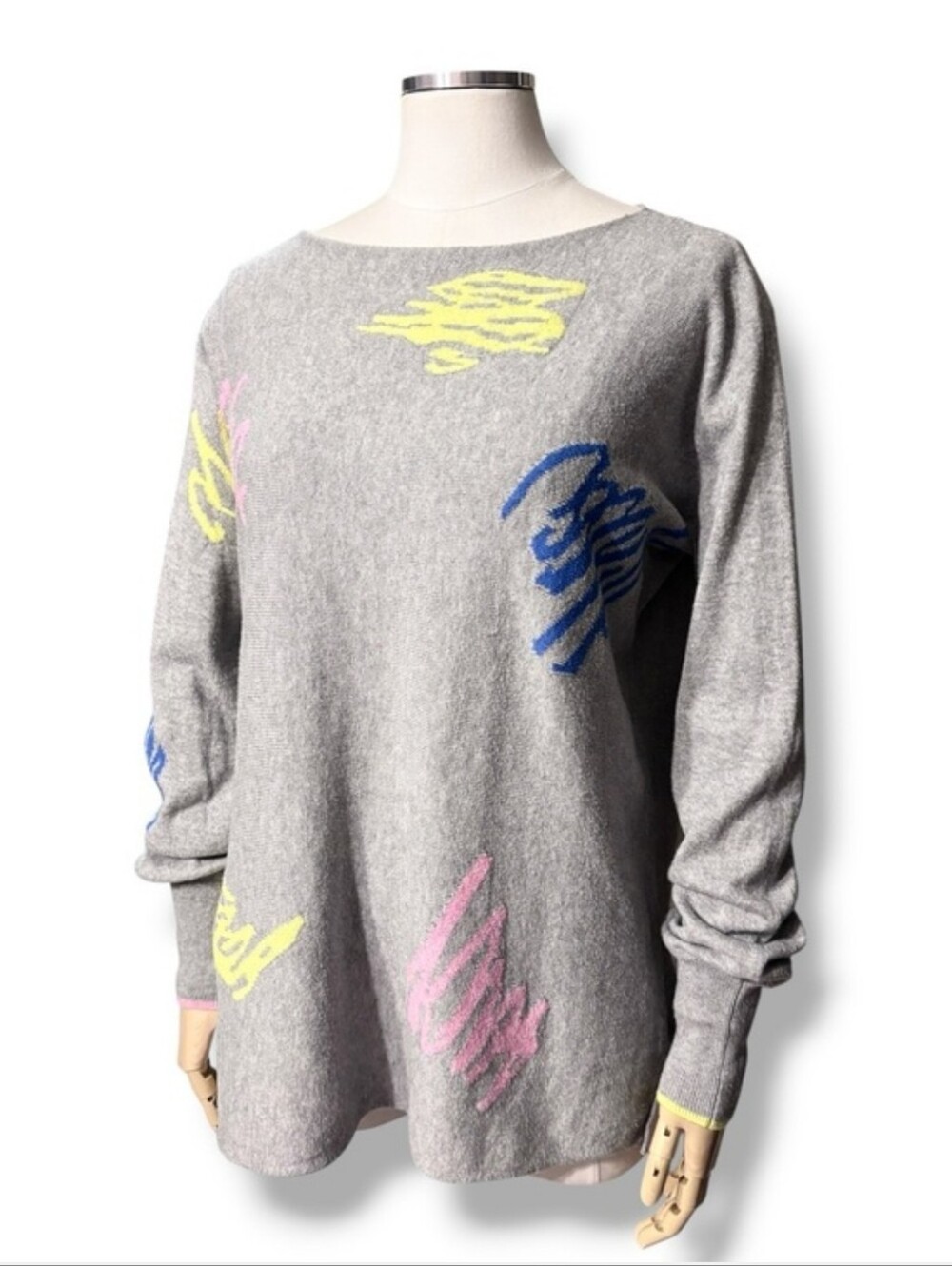 ZAKET & PLOVER Grey Cashmere Blend Abstract Scribble Boatneck Pullover Sweater